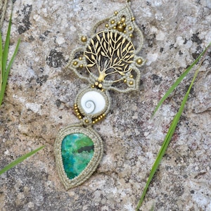 White Tree of Life chrysocolla necklace, shiva eye macrame necklace, long boho necklace
