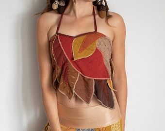 Autumn leaves backless top, forest elven costume, pixie fetival tie top