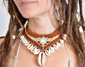 Cowrie Shell Leather Necklace, Macrame Choker, Boho Sea Goddess Jewelry