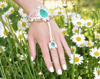 white bridal ring bracelet, chrysocolla boho wedding jewelry, bohemian amethyst  slave bracelet