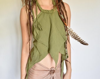 green elven pointy top, cotton pixie halter top, festival hippy clothing