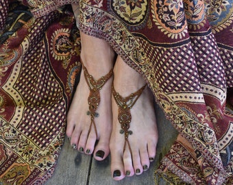 brown macrame barefoot sandals, tribal foot thongs, macrame foot jewelry