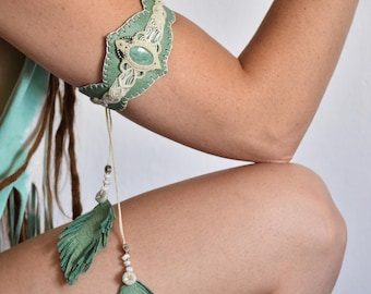 Macrame Leather Armband with Amazonite and Feather Charms