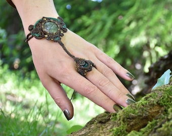 Bracelet anneau en macramé marron, bijoux terreux en agate mousse, bracelet festival des fées de la forêt,