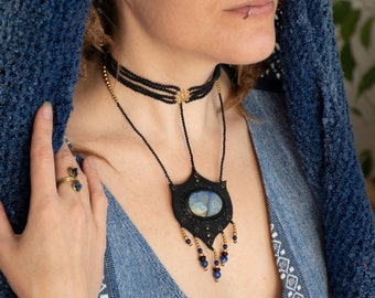 Black macrame necklace, blue jasper leather feather choker, long necklace