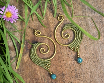 macrame spiral earrings, beige boho jewelry, green tribal brass earrings