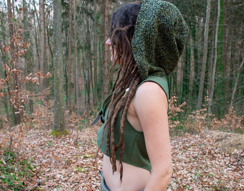 green elven vest, hooded pixie vest, forest fairy costume, tribal mandala top image 2