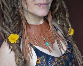 brown leather necklace, tribal fringe choker, festival boho necklace, hippie necklace