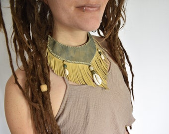 Sea Shell Leather Fringe Choker, Bohemian Necklace