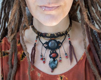Wolf Necklace, felted statement jewelry, macrame tribal necklace, spirit animal pendant
