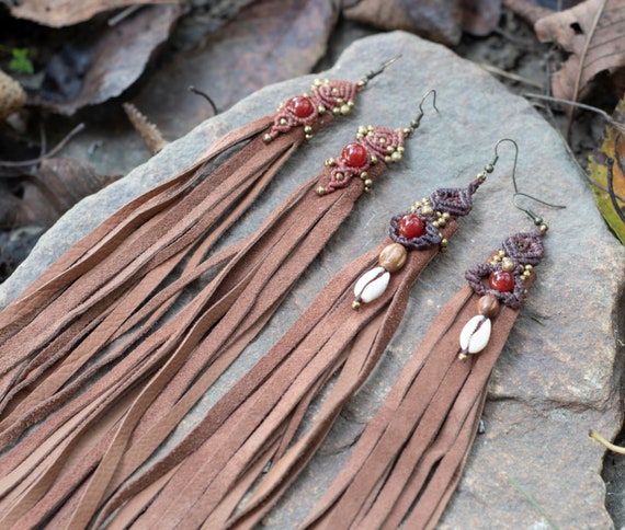 Long leather fringe earrings sale