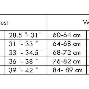 Peut inclure: Tableau des tailles pour les v&ecirc;tements avec tailles US en lettres et en chiffres, tailles EU, mesures du buste, de la taille et des hanches en pouces et en centim&egrave;tres.