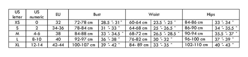 Peut inclure: Tableau des tailles pour les v&ecirc;tements avec tailles US en lettres et en chiffres, tailles EU, mesures du buste, de la taille et des hanches en pouces et en centim&egrave;tres.