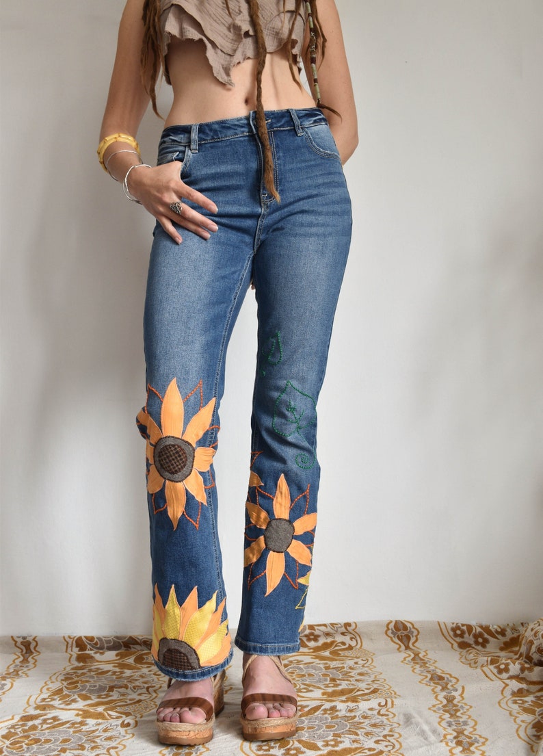 Sunflower Patchwork Pants Bell Bottom Jeans Hippie Pants Etsy
