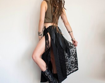 Long black split skirt, festival belt skirt, punk metal skirt