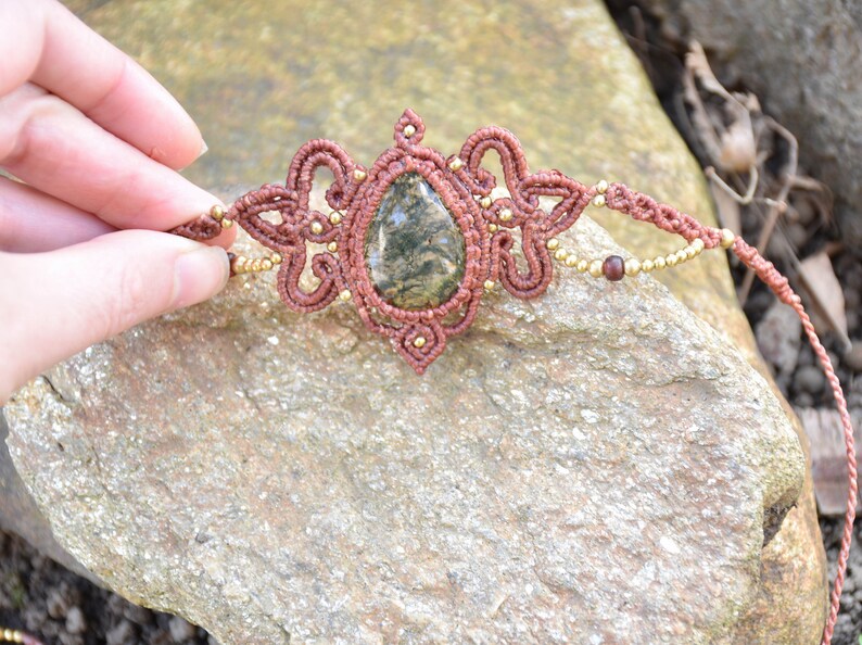 gypsy green moss agate crown, tribal macrame headband, forest elven tiara image 8