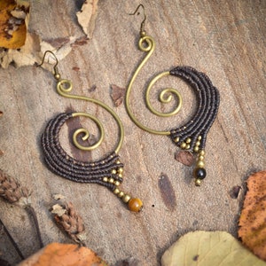 tiger eye macrame earrings, dark brown tribal jewelry, spiral brass earrings, red earrings image 2