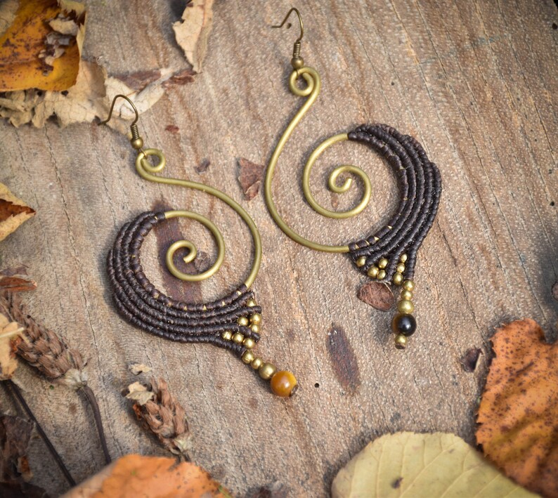 tiger eye macrame earrings, dark brown tribal jewelry, spiral brass earrings, red earrings image 2