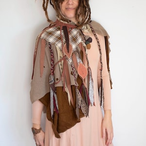 Brown tattered woodland shoulder cape, postapocalyptic distressed cape with acorns, forest elven shawl