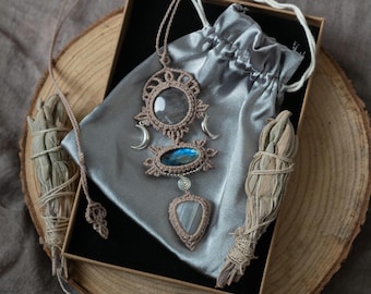 Lunar inspired macrame necklaces, celestial gemstone jewelry collection