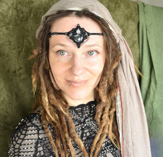 black macrame gypsy crown, tribal tiara, goth head piece