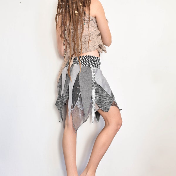 silver tribal festival skirt, gray pixie costume, tattered burner skirt