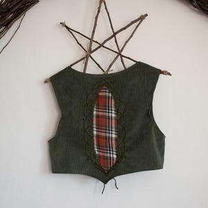Gilet corto in cotone, top verde Pixie, gilet corto da donna, costume da strega
