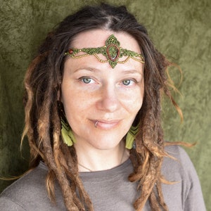 Dragon jasper crown, green forest fairy tiara, tribal macrame headband, forest elven tiara