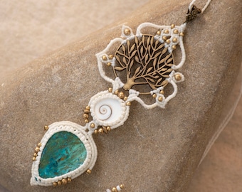 Tree of Life Macrame Necklace, Shiva Eye, Chrysocolla Boho Pendant