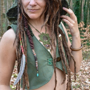green elven vest, hooded pixie vest, forest fairy costume, tribal top