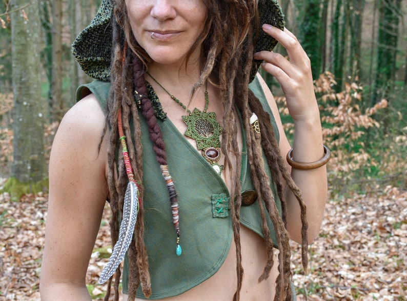 green elven vest, hooded pixie vest, forest fairy costume, tribal mandala top image 1