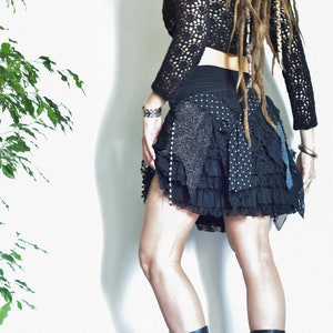 Black ruffled  bohemian punk skirt, goth style clothing, tattered short skirt