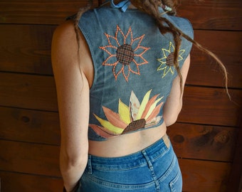 Sunflower Denim Vest, Festival Hippie top
