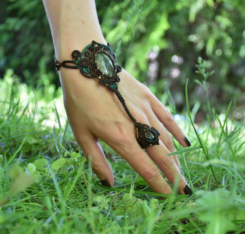 Brown macrame ring bracelet, moss agate earthy jewelry, forest fairy festival bracelet, image 4