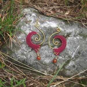 tiger eye macrame earrings, dark brown tribal jewelry, spiral brass earrings, red earrings image 9