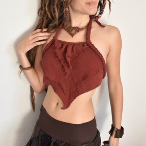 Top da elfo della foresta senza schienale in cotone da donna, costume estivo da fata, top corto intrecciato da fata