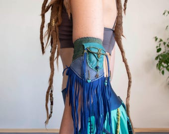 Blue leather armlet, fringe armband, festival pocket, psy trance jewelry