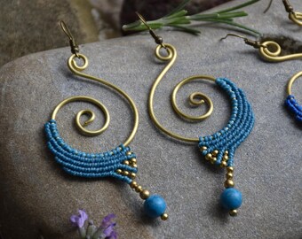 Blue spiral boho earrings, macrame festival jewelry, dangle brass tribal earrings