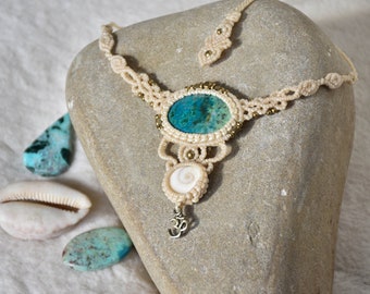 Cream white macrame chrysocolla necklace, bohemian bridal jewelry, shivas eye necklace
