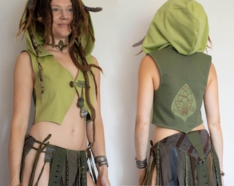 groen elfenvest, elfenvest met capuchon, bosfeekostuum, tribal top