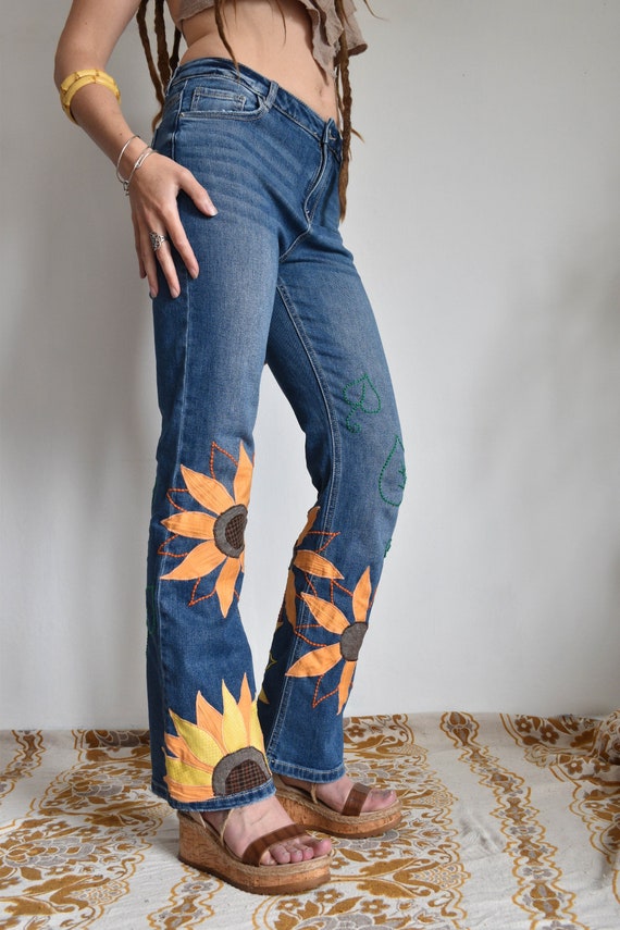 Sunflower Patchwork Pants, Bell Bottom Jeans, Hippie Pants 