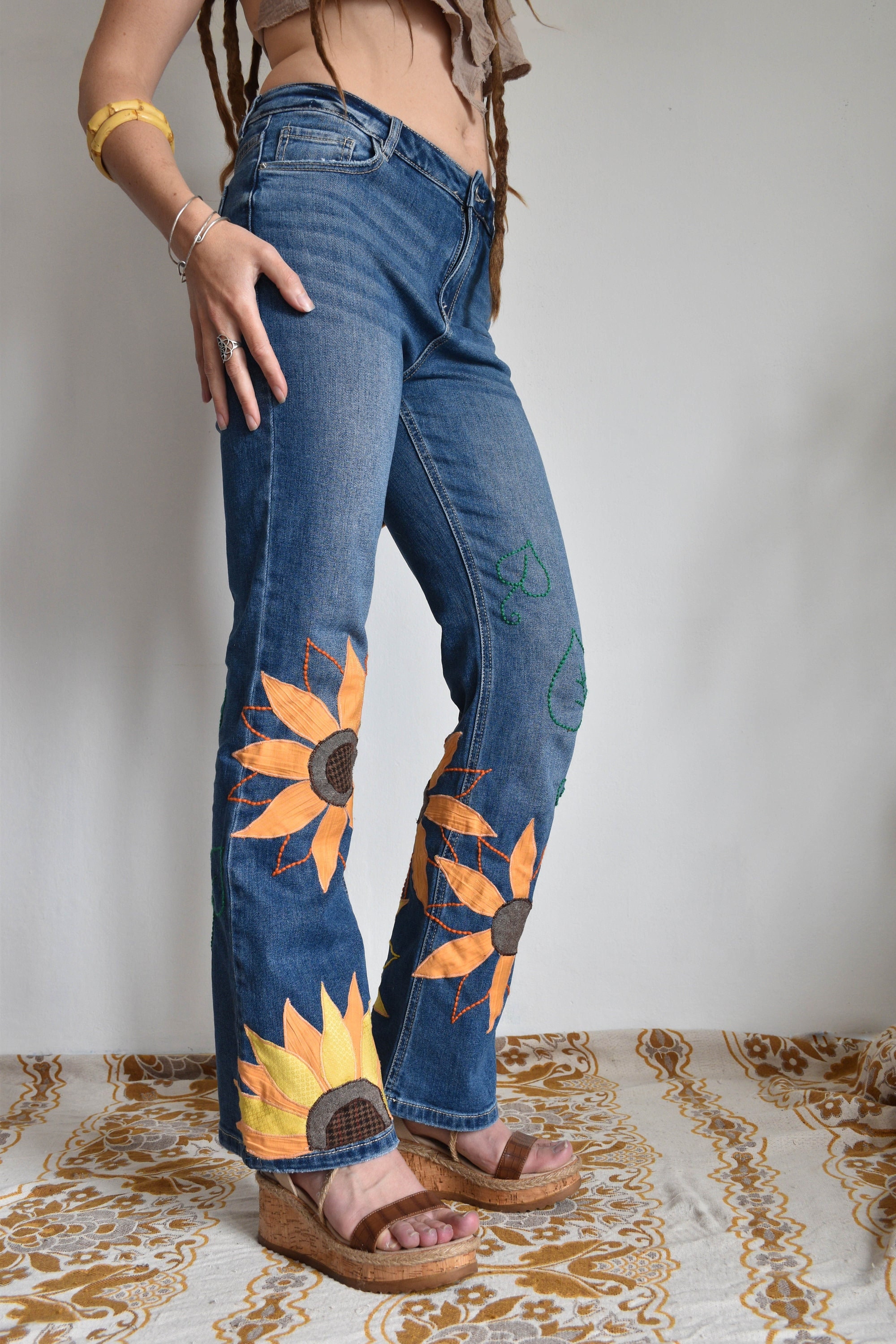 Floral Applique Bell Bottom Jeans