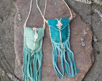 Leather Fringe Medicine Bag Necklace, Crystal Pouch, Tribal Macrame