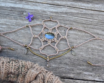 Labradorite mandala macrame headpiece, tribal hair jewelry, bohemian tiara,