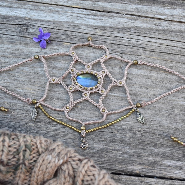 Labradorite mandala macrame headpiece, tribal hair jewelry, bohemian tiara,