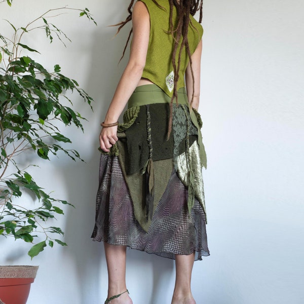 Green elven skirt, long pixie skirt with braids, jungle festival costume