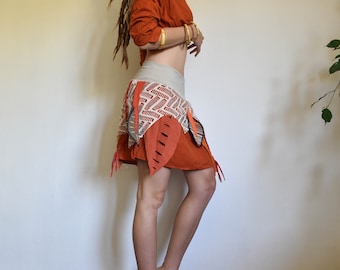 orange festival tattered skirt, jungle pixie clothing, dance costume, elven skirt