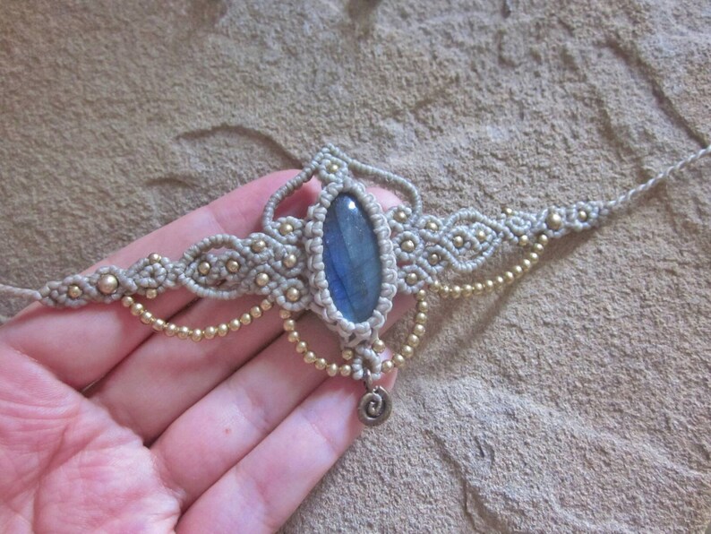 bohemian macrame head piece Beige tribal labradorite tiara bridal ethnic choker necklace goddess crown