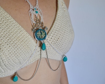 K2 jasper body chain, turquoise howlite boho body jewelry, white summer belly waist belt