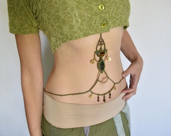 green macrame body chain, elven body jewelry, bloodstone belly chain